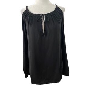 Chaser Black Peasant Blouse Tie Neckline Cold Shoulder Long Sleeve Shirt M NEW